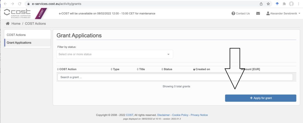 Apply for a grant button in eCOST